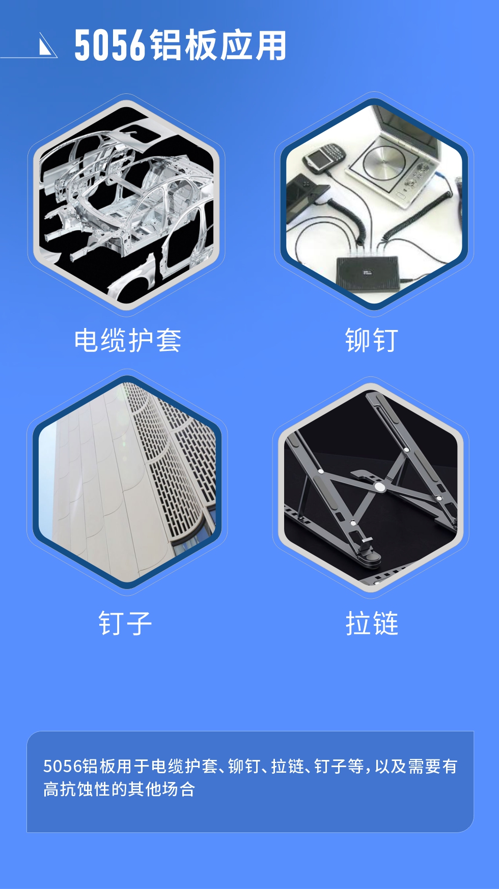 市場應用
　　5056鋁板用于電纜護套、鉚釘、拉鏈、釘子等，以及需要有高抗蝕性的其他場合。
　　5056鋁板生產廠家
　　明泰鋁業支持定做，為用戶合理推薦更合理產品規格，并提供優惠報價，讓您選購無憂。
　　明泰鋁業是一家集科研、加工、制造為一體的大型現代化鋁加工企業。公司可生產1-8系鋁板帶箔產品，規格齊全。